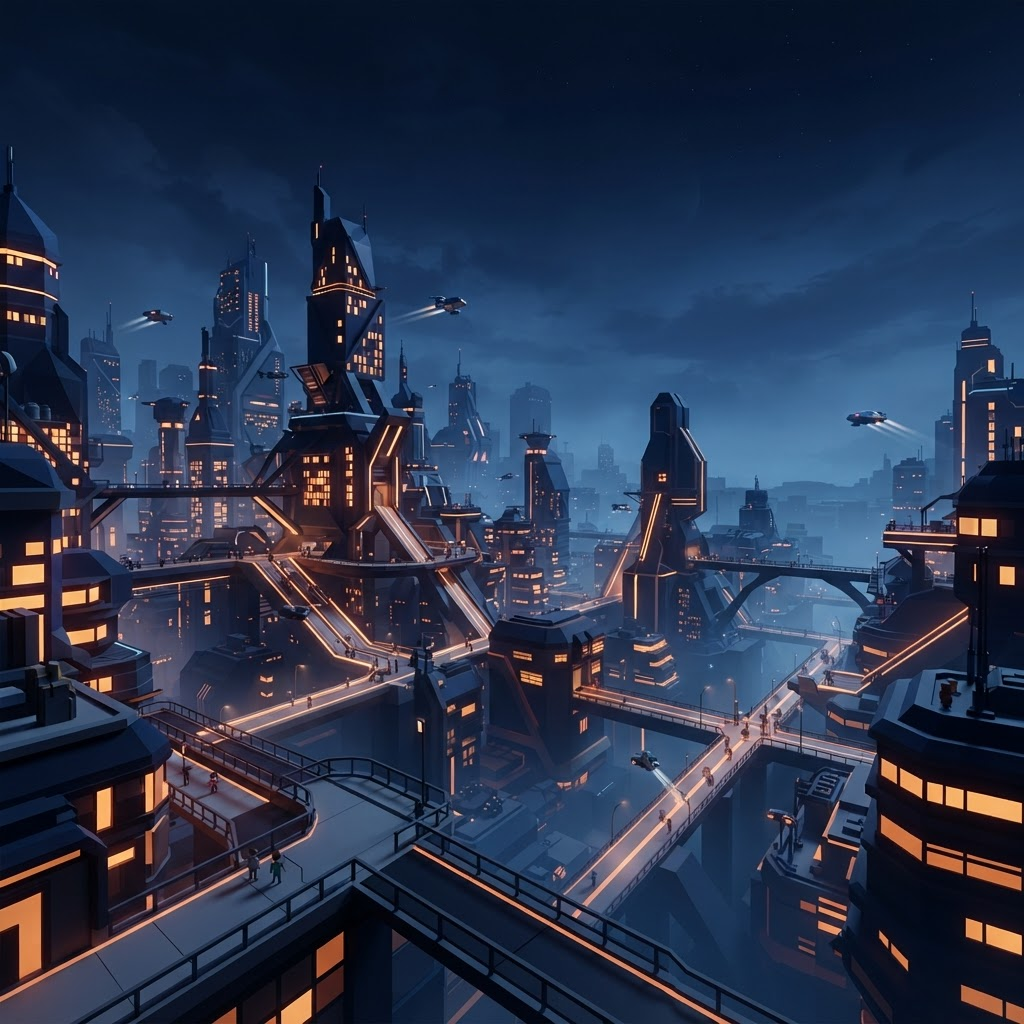 A stylized Roblox-inspired city at night